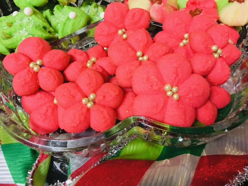 A close up of some red flowers on display